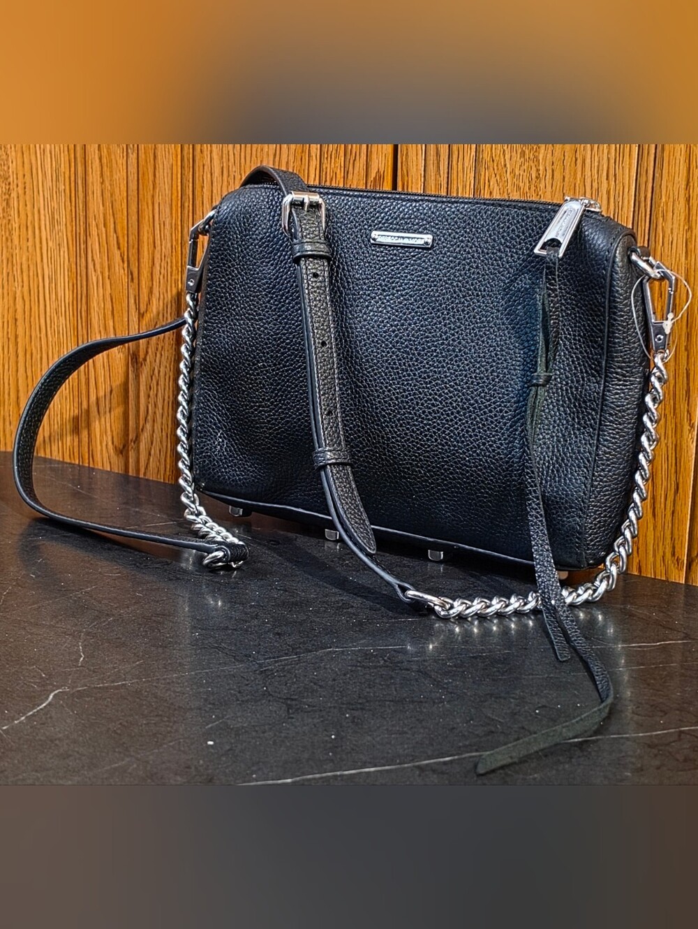 EUC Rebecca Minkoff Black Pebbled Leather Multi Zip Crossbody Bag Silver Chain
